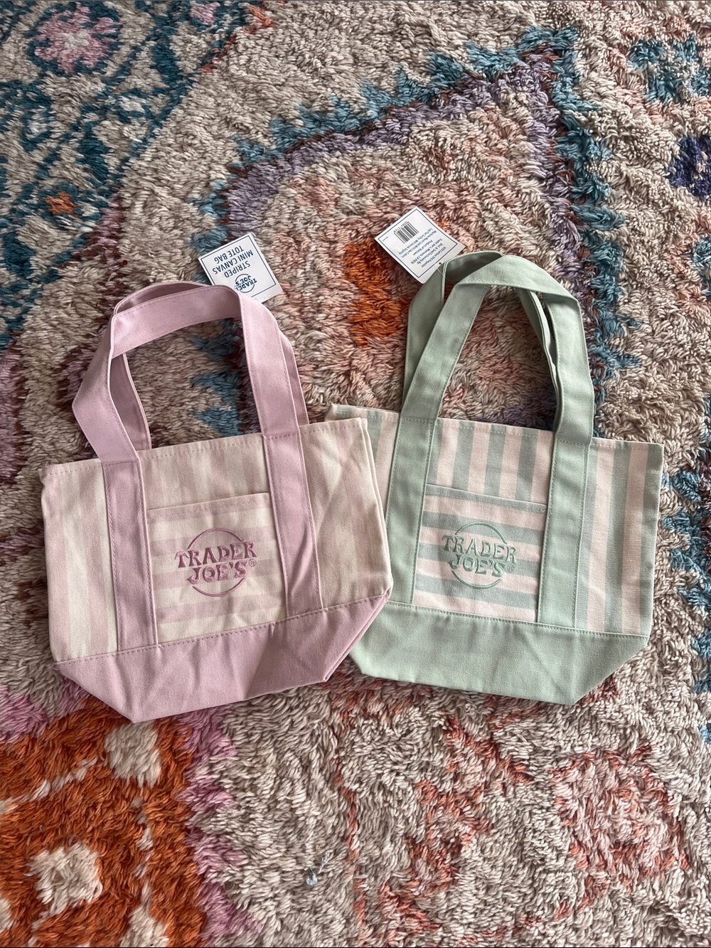 Small Mini  Stripped Trader Joe’s Canvas Tote Bag - Pink and Green